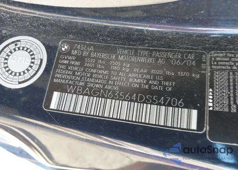 2004 BMW 745Li z USA, uszkodzony, nr VIN WBAGN63564DS54706